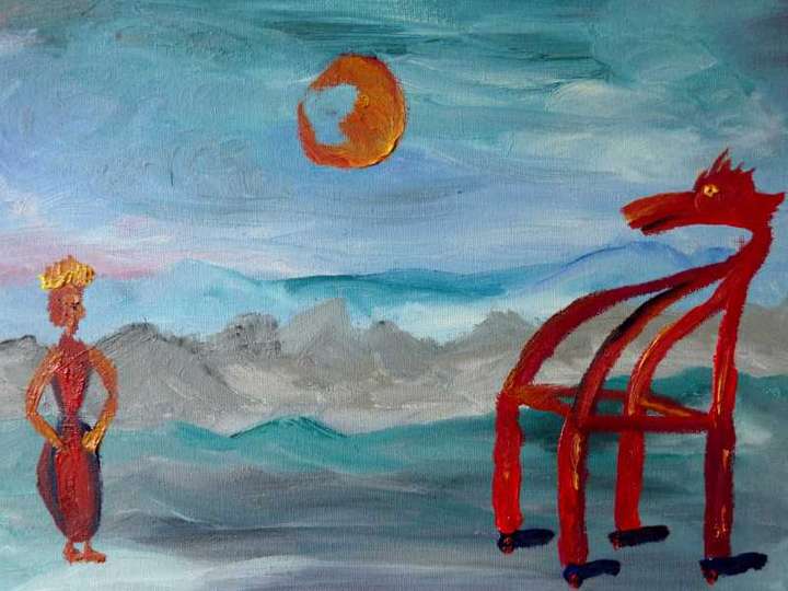 'Giraffe' und Prinzessin in türkiser Landschaft