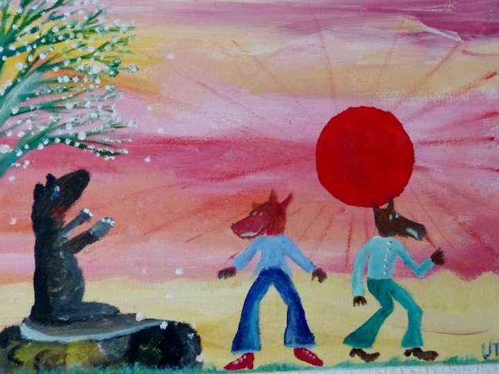 Fantasiegestalten  und rote Sonne