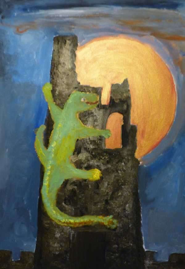 Echse auf Ruine vor Vollmond