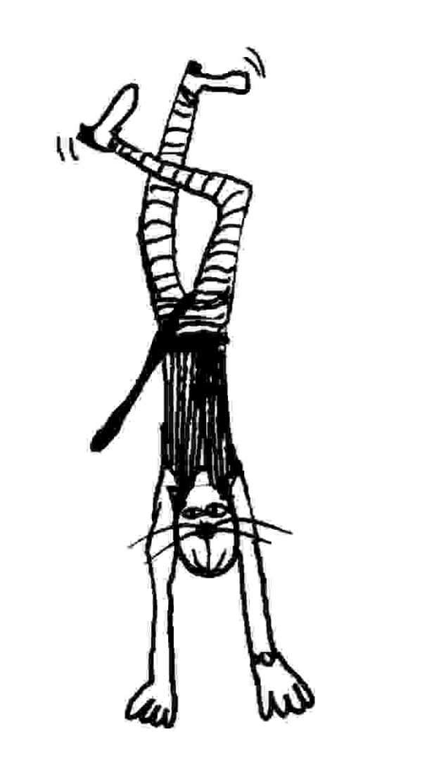 Zeichnung: Katze mit Jacke und Hose im Handstand